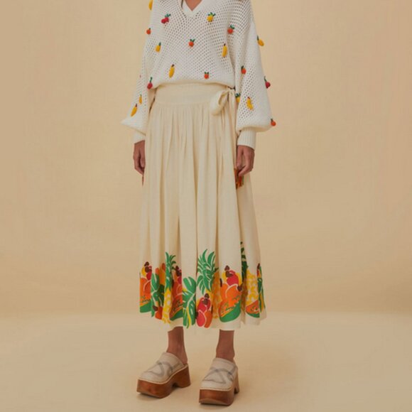 Farm Rio Embroidered Fruits Side Bow Midi Skirt Size XL NWT - Picture 1 of 14